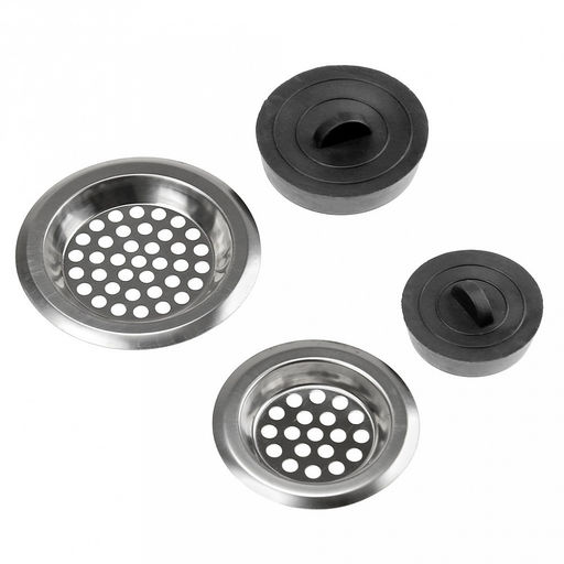 Набор для раковины 4 предмета: пробка-сетка для раковины из нержавеющей стали - 2 штуки: д6см, д7,5см ; пробка резиновая - 2 штуки: д4см, д5см, в блистере (Китай)