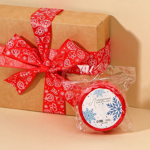 Цена за 2 шт. Лента атласная новогодняя Ёлочные украшения, красная, 4 см ? 5 м