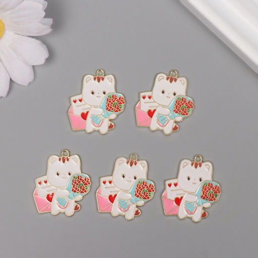 Цена за 5 шт. Декор для творчества металл, эмаль «Котик с букетом», 2.8×2.5 см