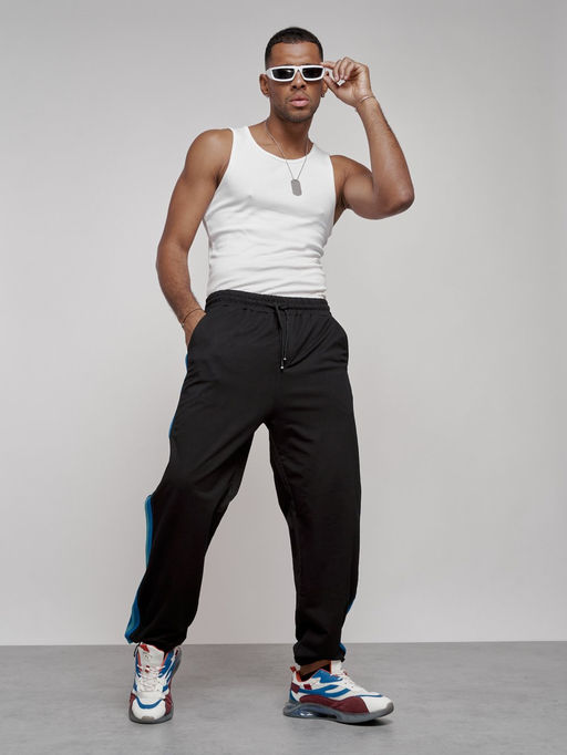 Широкие спортивные штаны трикотажные мужские черного цвета 12903Ch - Mtforce фото 12