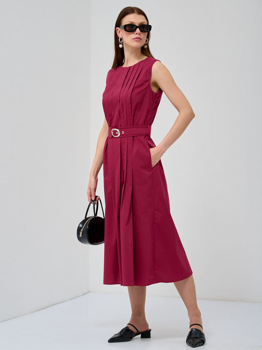 Платье хлопок с поясом бордовое