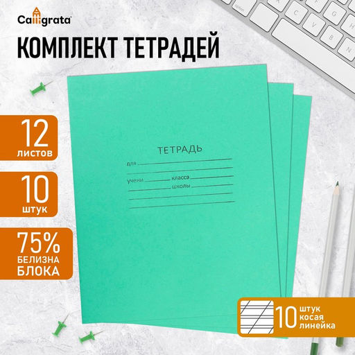 Набор тетрадей 12 листов в косую линейку Зелёная обложка, белизна 75%, серые листы, 10 шт.
