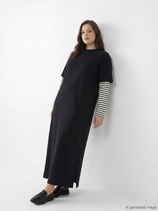 Bisiklet Yaka ?izgili Sweat Elbise