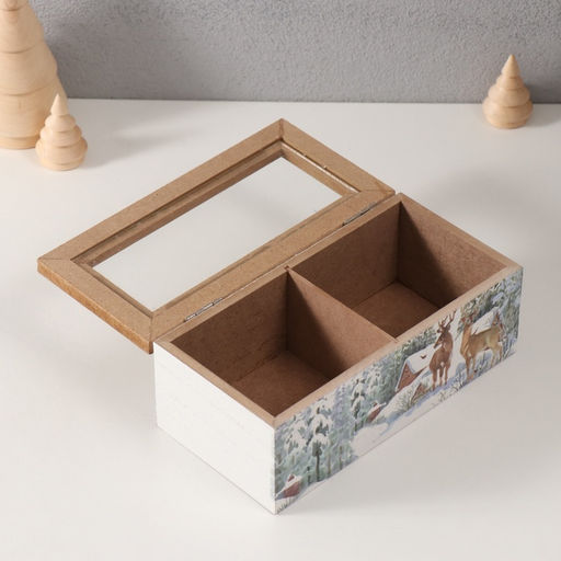 Шкатулка для чая 2 деления Олени у заснеженного домика, дерево, 9.2?18?7 см