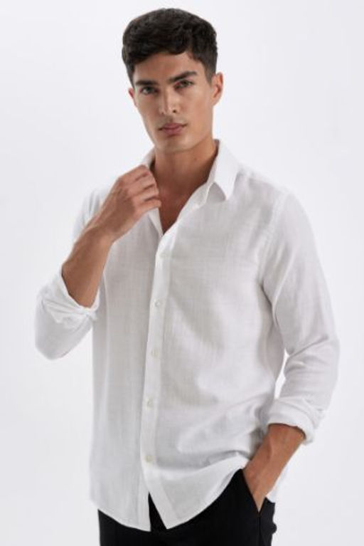 Beyaz Modern Fit Polo Yaka Basic Duz Pamuklu Uzun Kollu Gomlek