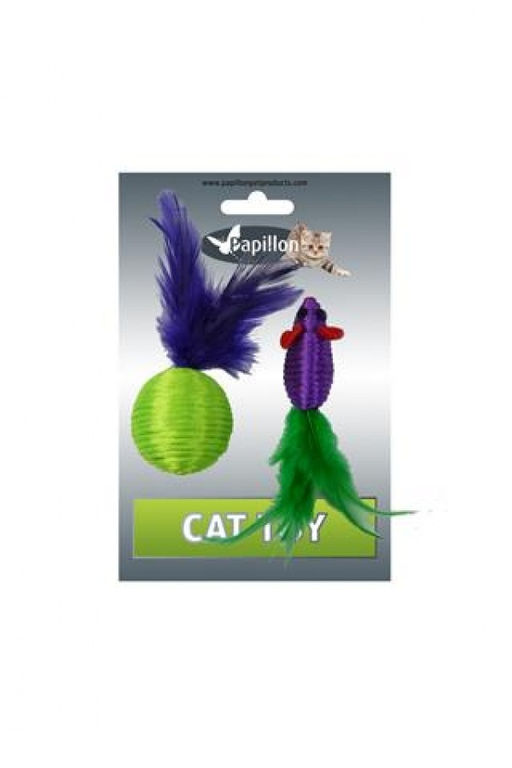 Игрушка для кошек "Мышка и мячик с перьями" 5+4см, нейлон (Cat toy mouse 5 cm and ball 4 cm with feather on card) 240048 240048