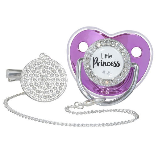 Соска - пустышка силиконовая ортодонтическая M&B «LITTLE PRINCESS», от 6 мес., с колпачком, держатель - цепочка, розовый/серебро, стразы