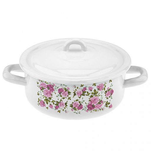 Китайская роза Кастрюля эмалированная 1,45л, форма цилиндрическая, металлическая крышка (Россия)