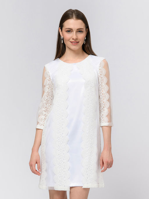 Платье белого цвета длины мини с белым кружевом и рукавами 3/4 - 1001dress фото 2