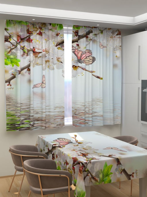Фотошторы для кухни Бабочки на вишне Фотошторы ткань Димаут