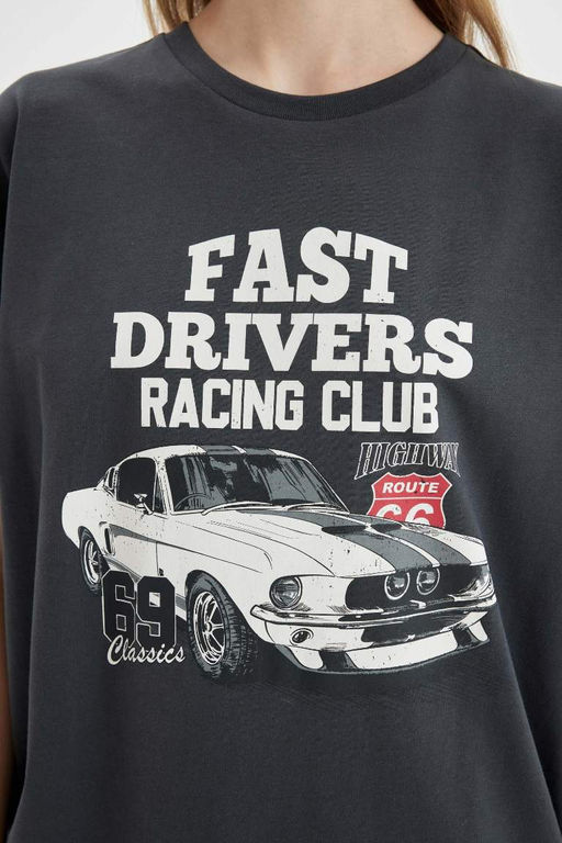 Широкая футболка с короткими рукавами и круглым вырезом оверсайз с принтом - Defacto фото 5