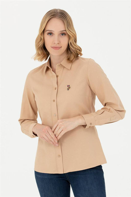 Женская базовая рубашка песочного цвета с длинным рукавом - U.s. polo assn фото 10