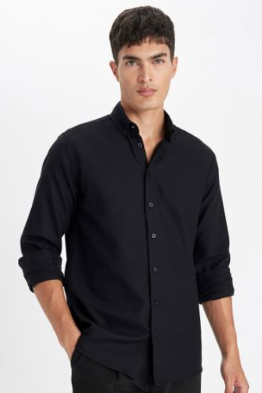 Siyah Modern Fit Polo Yaka Petek Dokulu Basic Duz Uzun Kollu Gomlek