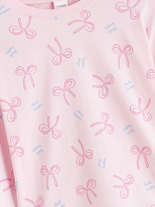 Bisiklet Yaka Fiyonk Bask?l? K?z ?ocuk Pijama Tak?m?