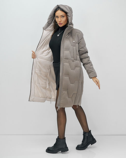 Пальто зимнее утепленное с капюшоном женское серого цвета 7638Sr - Visdeer фото 18