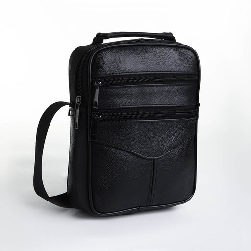 Сумка мужская, через плечо, прессованная кожа, 3 наружных кармана, чёрная