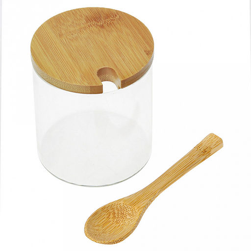 Банка для сыпучих продуктов стеклянная Натурель 0,35л, д7,9см h8см, бамбуковая крышка, бамбуковая ложка 13см, набор 3 штуки, на бамбуковой подставке 29х9,4х1,3см, в цветной коробке (Китай) - Домашняя мода фото 2