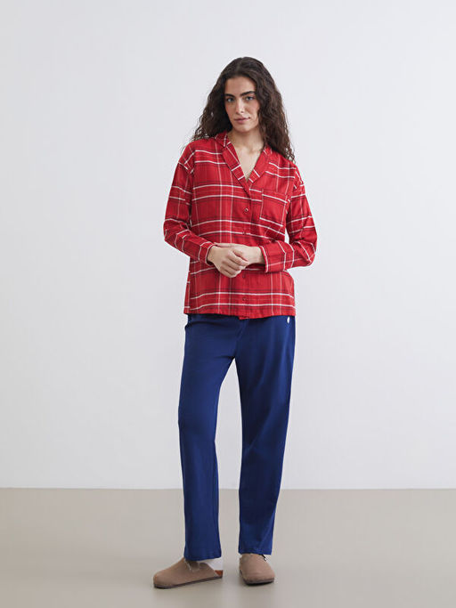 G?mlek Yaka Ekose Kad?n Pijama ?st?