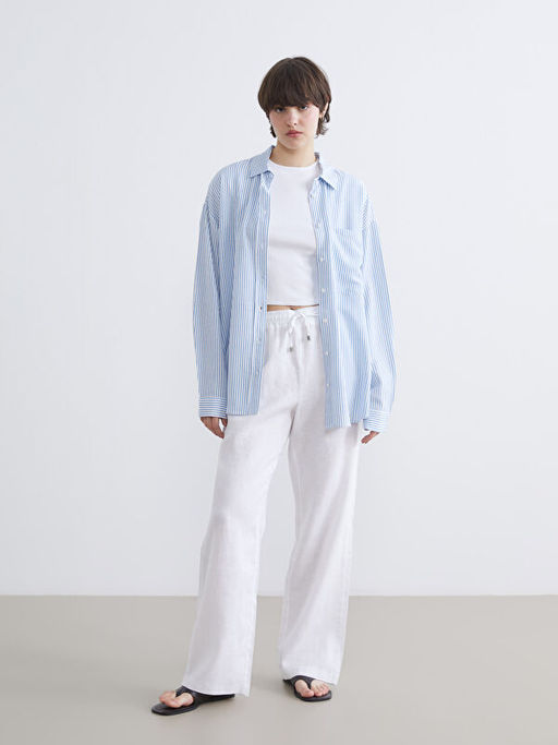 ?izgili Oversize Keten Kar???ml? Kad?n G?mlek