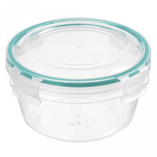 Контейнер для продуктов пластмассовый 0,5л, д13см, h7,5см, круглый, герметичный, ручки-клипса, прозрачный (Россия)