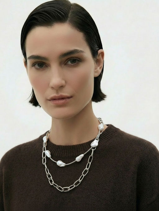 Колье "Жемчуг" борокко, цепь, 2 яруса, цвет белый в серебре