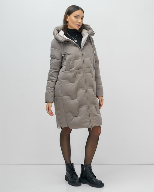 Пальто зимнее утепленное с капюшоном женское серого цвета 7638Sr - Visdeer фото 4