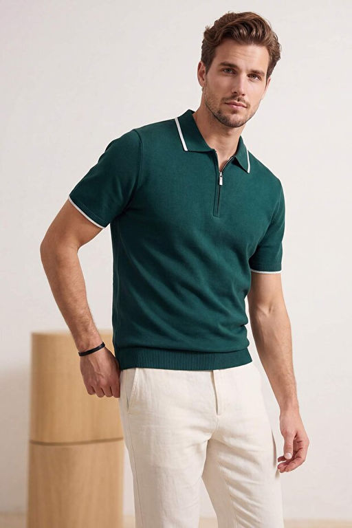 Lacivert-Ye_il 2li Paket Regular Kesim Yaka ve Kol _izgili Triko Polo Yaka T-shirt TMNSS26PO00026 - Trendyolmilla фото 2