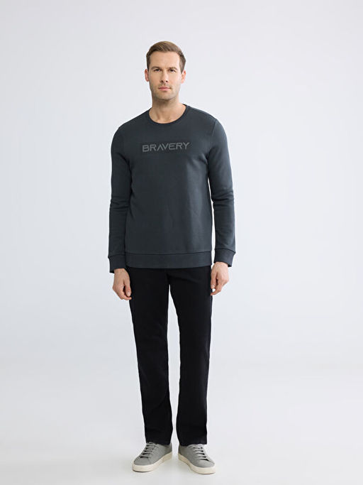 Bisiklet Yaka Bask?l? Erkek Kal?n Sweatshirt