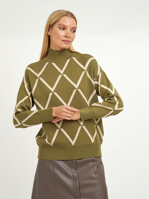 водолазка женская черная со спущенной линией плеча с белыми ромбами - Glenfield фото 5