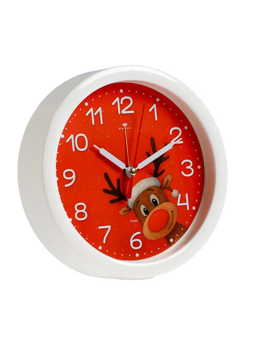 Будильник «Новогодний олень», плавный ход, d=15 см, красный, корпус белый