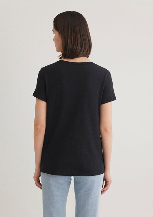 V Yaka Flaml? Siyah Basic Tisort - Mavi фото 4