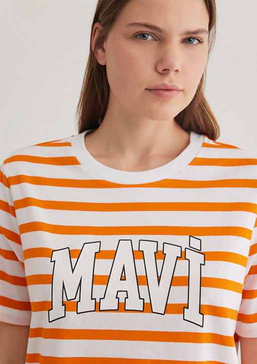 Mavi Logo Bask?l? Cizgili Turuncu Tisort фото 7