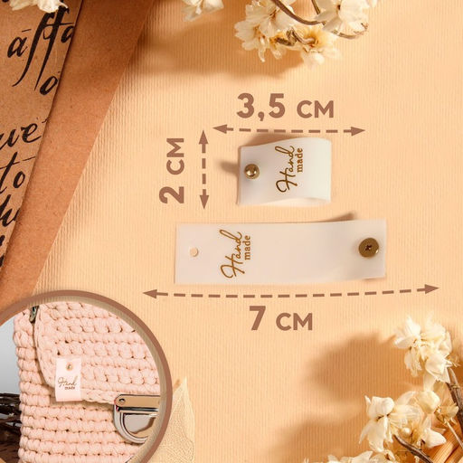 Бирка с кнопкой Hand made, 7×2 см, 10 шт., цвет золотой, белый