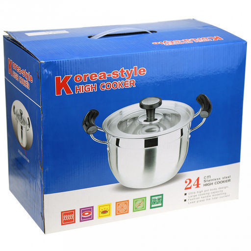 Кастрюля из нержавеющей стали "Цилиндр" 6,5л, д24см h15,7см, s0,50мм, стеклянная крышка, металлические ручки, с теплораспределительным дном 0,6см, цветная коробка (Китай)