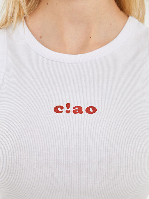 Bisiklet Yaka Bask?l? Kad?n Crop