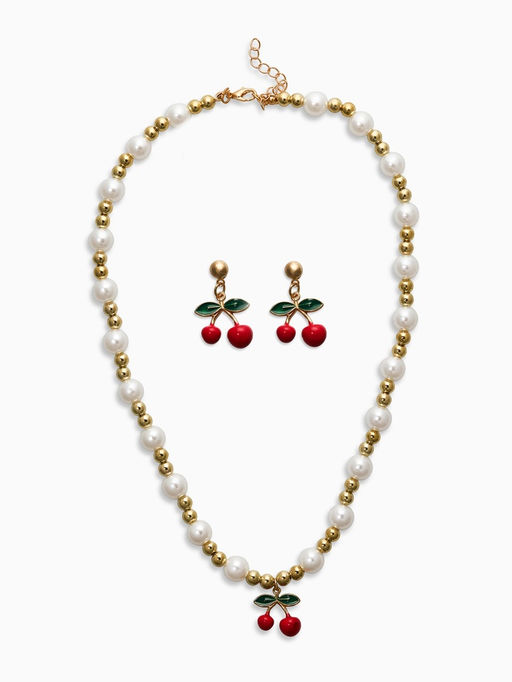 Набор 2 предмета: серьги. кулон Вишня жемчуг, цветной в золоте