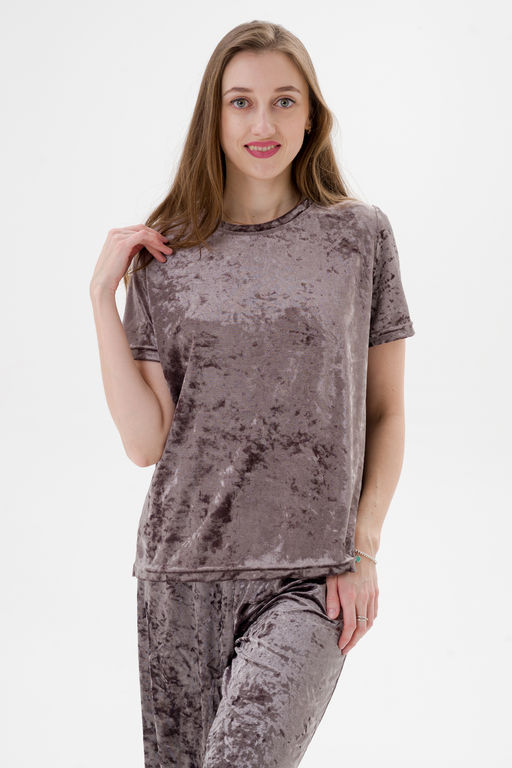 Костюм женский из футболки и брюк из велюра Леопард пурпурно-серый