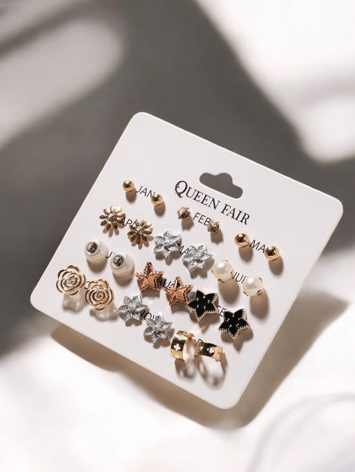 Серьги пусеты 12 пар «Фантазия» цветы и звёзды, белые в золоте