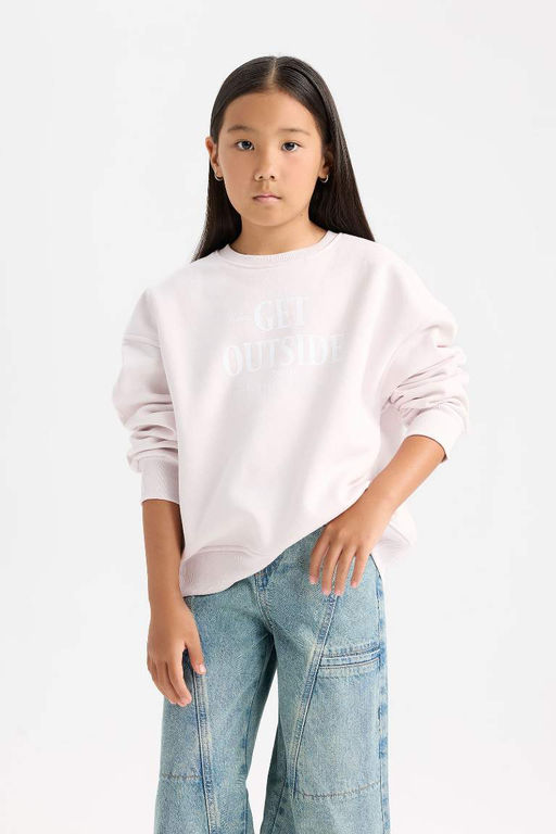 Мягкий пушистый свитшот оверсайз для девочек с широким вырезом и круглым вырезом сзади с принтом - Defacto фото 4