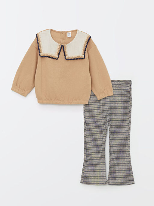 Bisiklet Yaka Uzun Kollu Bask?l? K?z ?ocuk Sweatshirt ve Tayt 2li Tak?m