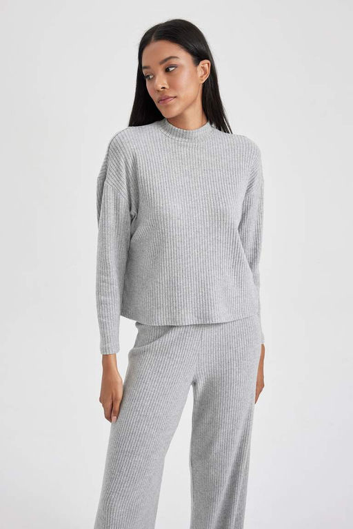 Ребристая футболка с длинными рукавами и круглым вырезом Relax Fit - Defacto фото 4