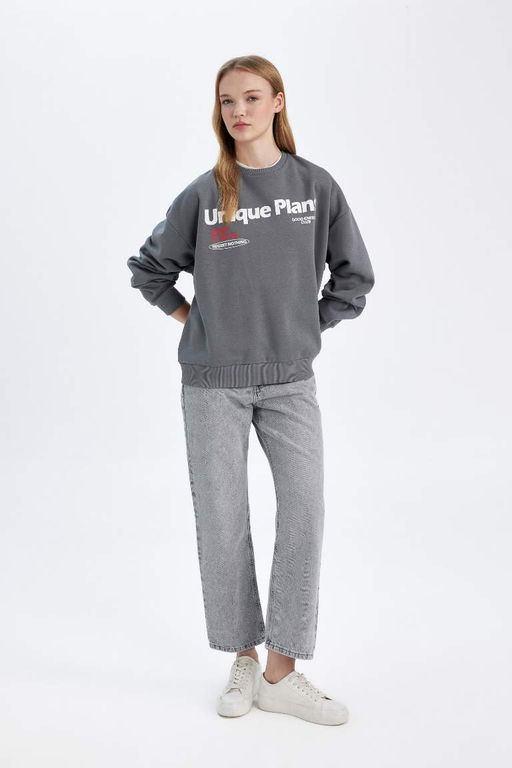 Толстовка из плотной ткани свободного кроя с круглым вырезом и принтом - Defacto фото 2