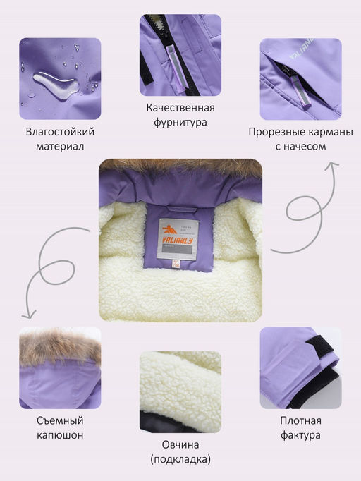 Парка зимняя подростковая для девочки с капюшоном и мехом фиолетового цвета 9532F - Valianly фото 6