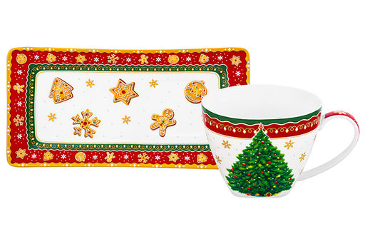 Чашка 250 мл с блюдцем для десерта 20*10*2 см Новогодняя елка красный узор NEW BONE CHINA - Elan gallery фото 20