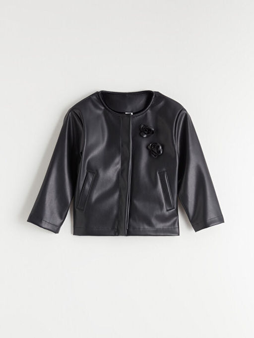 ?i?ekli Deri G?r?n?ml? K?z ?ocuk Ceket