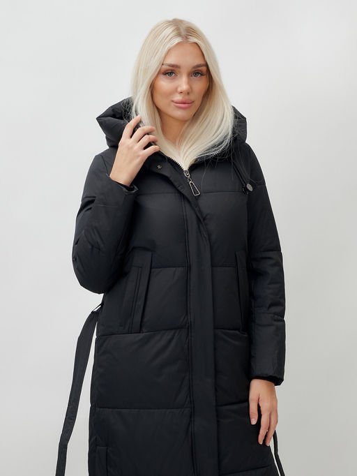 Пальто утепленное стеганное зимнее с капюшоном женское черного цвета 9605Ch - Mtforce фото 14