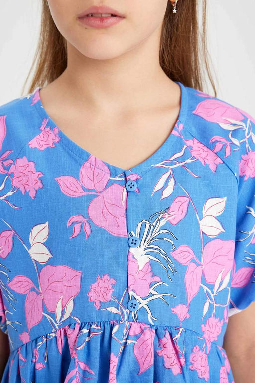 Хлопковое платье с короткими рукавами для девочек с рисунком - Defacto фото 4