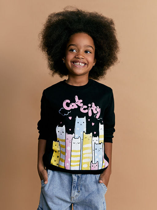 Bisiklet Yaka Bask?l? Kal?n K?z ?ocuk Sweatshirt