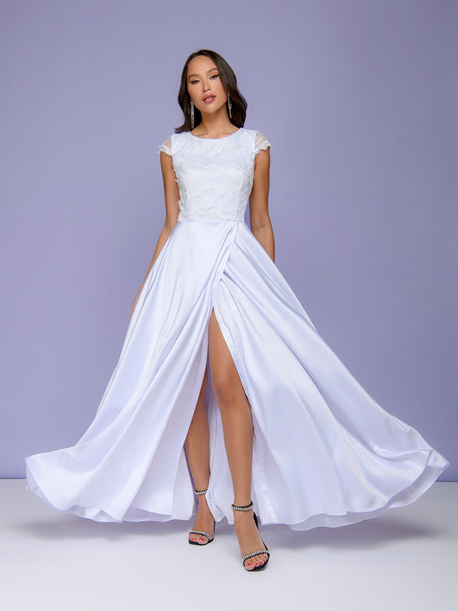 Платье белое длины макси с вышивкой и разрезом на юбке - 1001dress фото 5