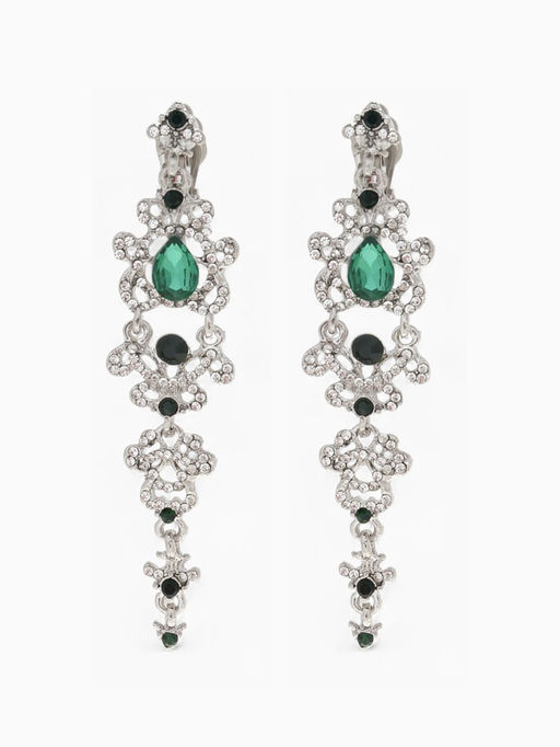 Клипсы для ушей висячие со стразами QF Ажур, капли с завитками, цвет бело-изумрудный в серебре